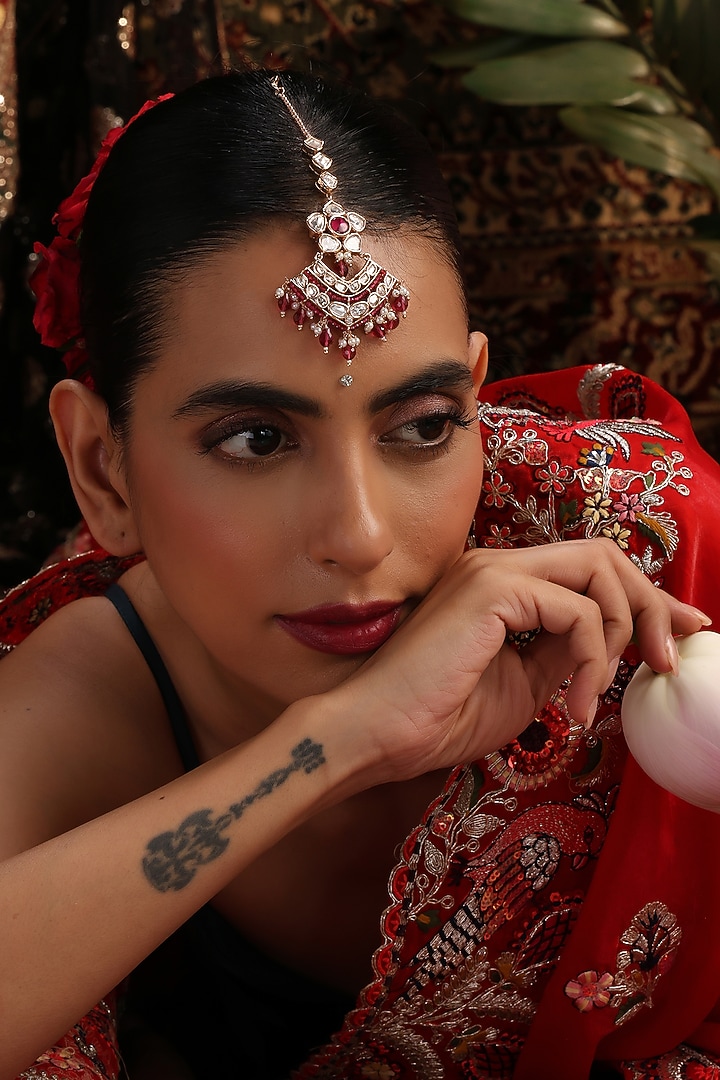 Rose Gold Finish Kundan Polki & Ruby Stone Maangtikka by Swabhimann Jewellery at Pernia's Pop Up Shop