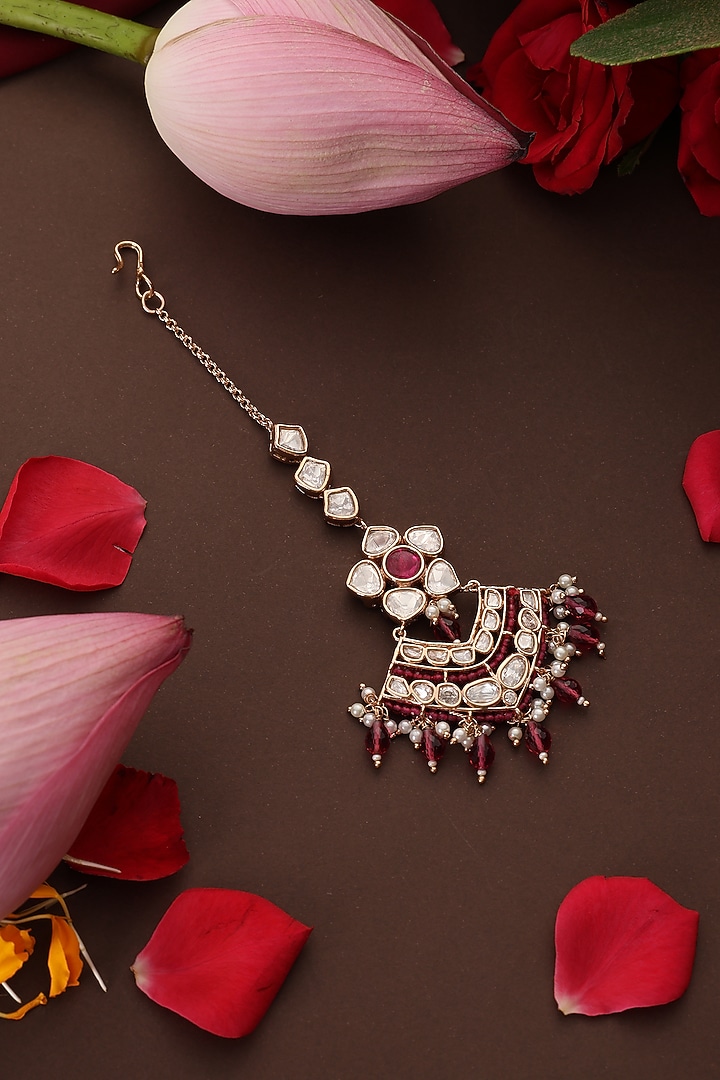 Rose Gold Finish Kundan Polki & Ruby Stone Maangtikka by Swabhimann Jewellery at Pernia's Pop Up Shop