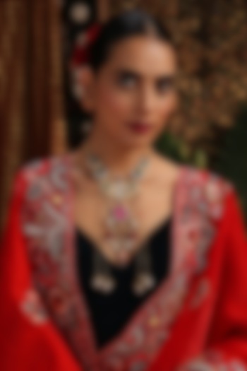 Gold Finish Kundan Polki & Rose Quartz Pendant Necklace by Swabhimann Jewellery at Pernia's Pop Up Shop