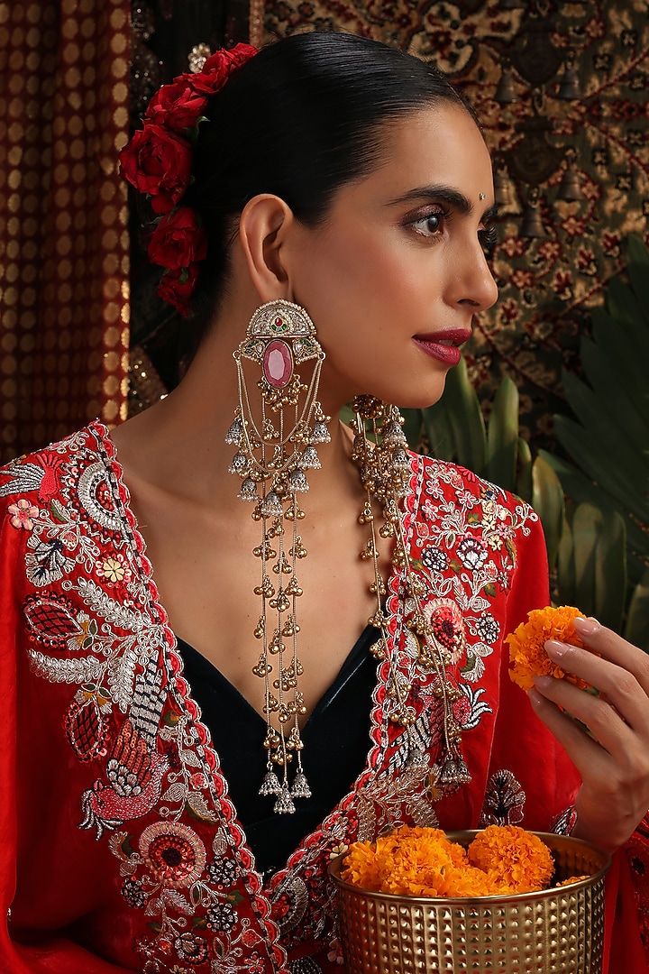 Gold Finish Kundan Polki & Rose Quartz Dangler Earrings by Swabhimann Jewellery at Pernia's Pop Up Shop