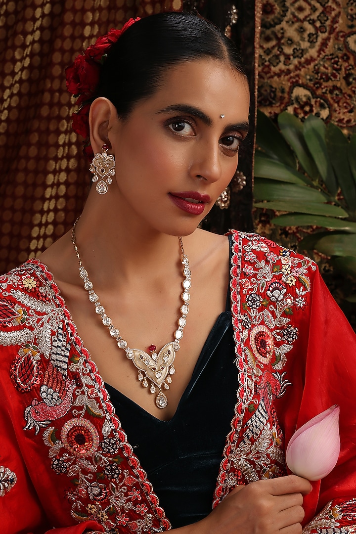 Rose Gold Finish Kundan Polki & Multi-Colored Stone Pendant Necklace Set by Swabhimann Jewellery at Pernia's Pop Up Shop