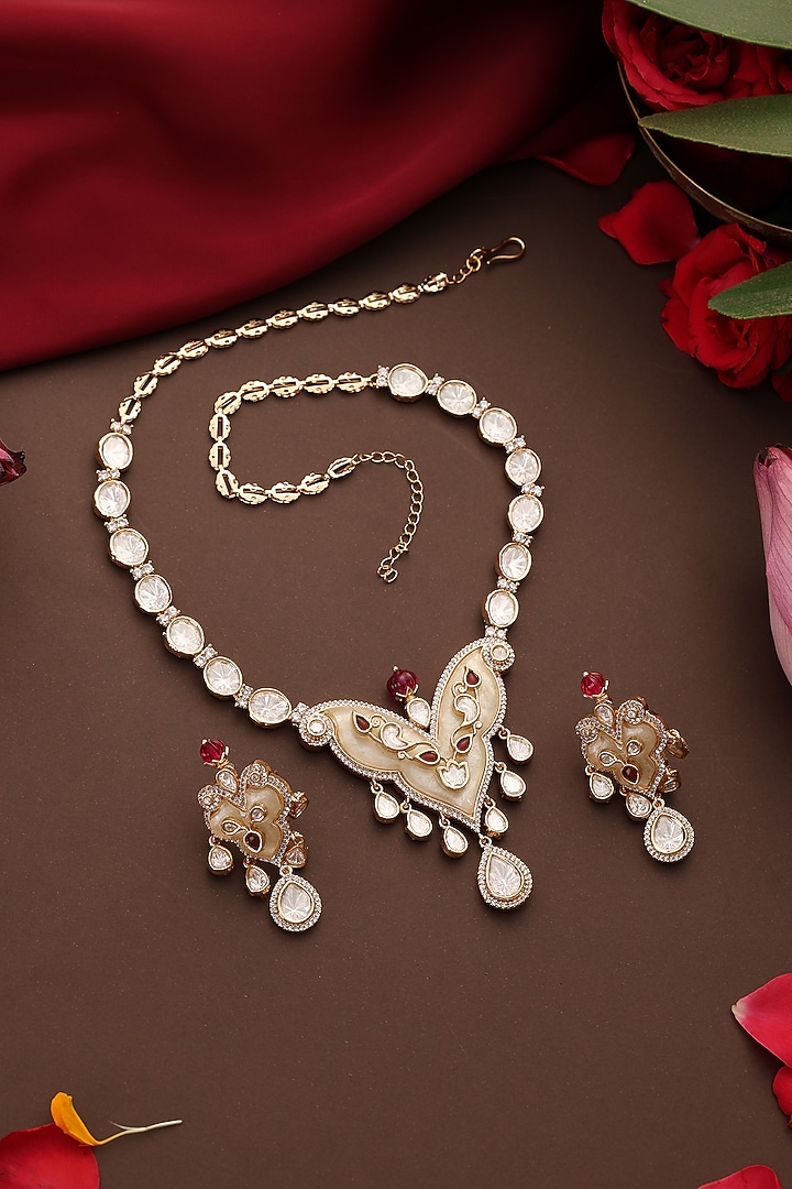 Rose Gold Finish Kundan Polki & Multi-Colored Stone Pendant Necklace Set by Swabhimann Jewellery at Pernia's Pop Up Shop