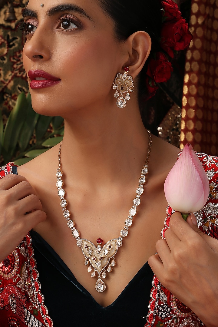 Rose Gold Finish Kundan Polki & Multi-Colored Stone Pendant Necklace Set by Swabhimann Jewellery at Pernia's Pop Up Shop