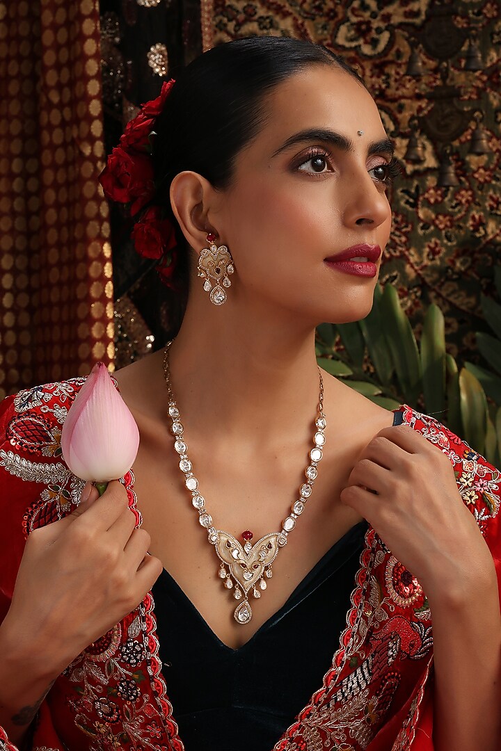Rose Gold Finish Kundan Polki & Multi-Colored Stone Pendant Necklace Set by Swabhimann Jewellery at Pernia's Pop Up Shop