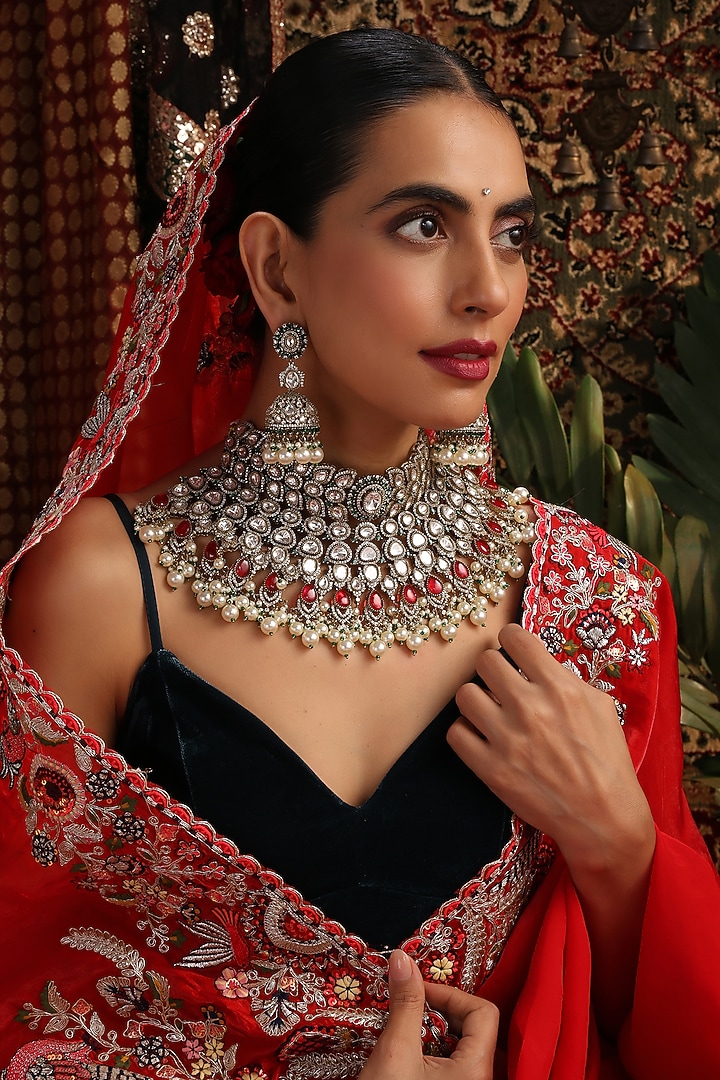 Gold Finish Kundan Polki & Ruby Stone Choker Necklace Set by Swabhimann Jewellery at Pernia's Pop Up Shop