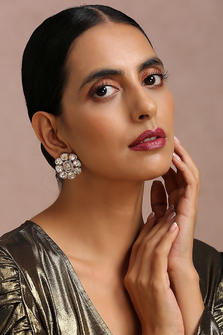 Two-Tone Finish Kundan Polki Stud Earrings by Swabhimann Jewellery at Pernia's Pop Up Shop