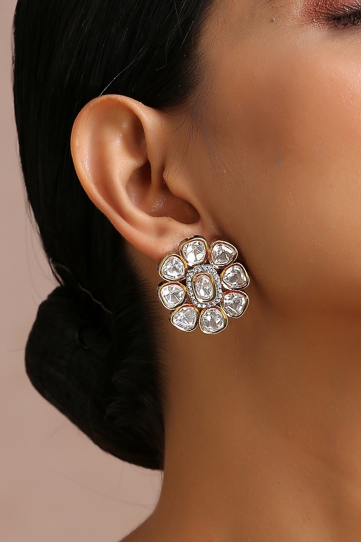 Two-Tone Finish Kundan Polki Stud Earrings by Swabhimann Jewellery at Pernia's Pop Up Shop