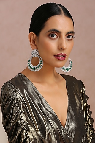 White Finish Emerald Stone Chandbali Earrings by Swabhimann Jewellery