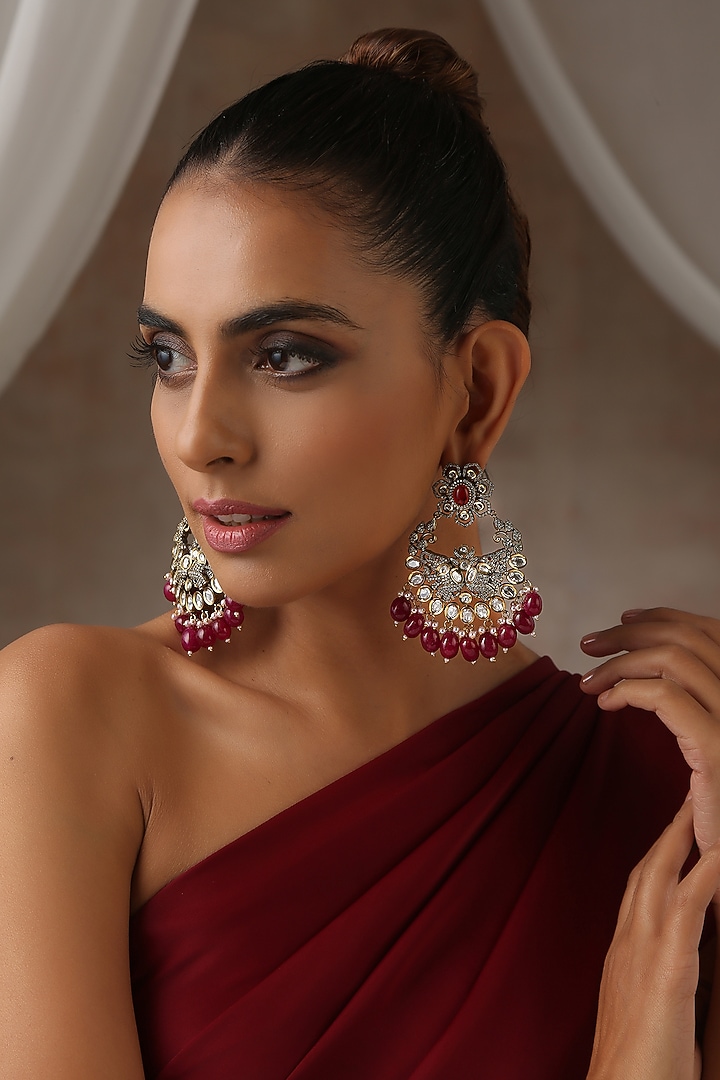 Black Rhodium Finish Red Kundan Polki Chandbali Earrings by Swabhimann Jewellery at Pernia's Pop Up Shop