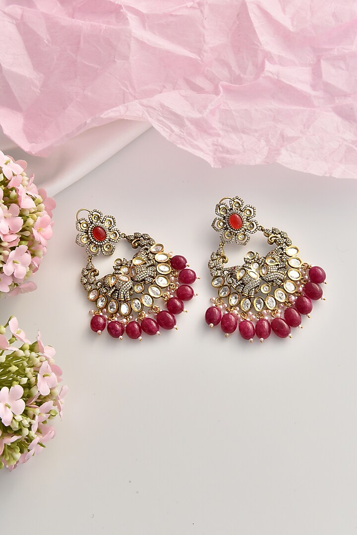 Black Rhodium Finish Red Kundan Polki Chandbali Earrings by Swabhimann Jewellery at Pernia's Pop Up Shop