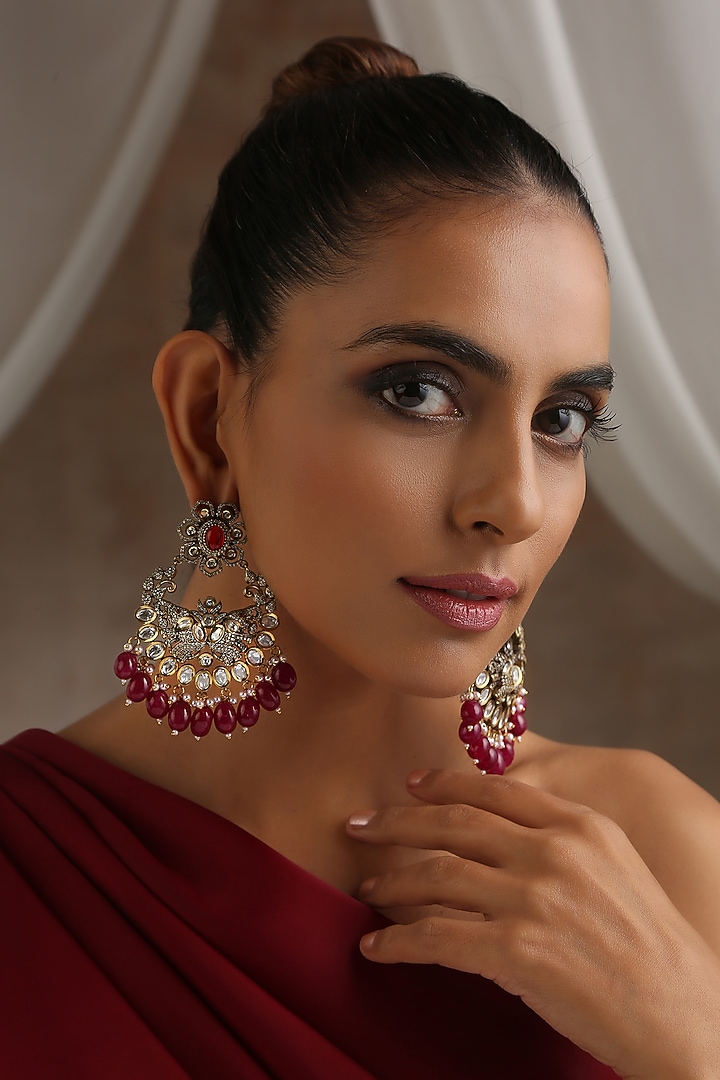Black Rhodium Finish Red Kundan Polki Chandbali Earrings by Swabhimann Jewellery at Pernia's Pop Up Shop