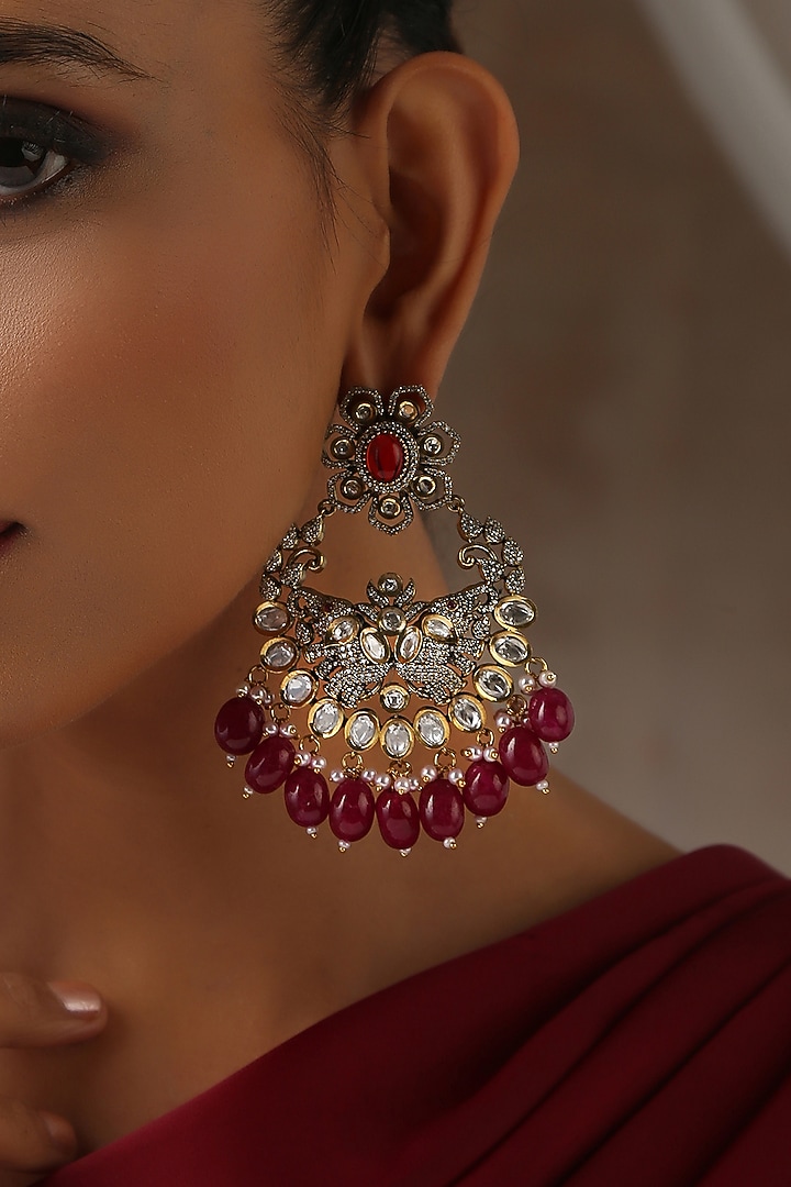 Black Rhodium Finish Red Kundan Polki Chandbali Earrings by Swabhimann Jewellery at Pernia's Pop Up Shop