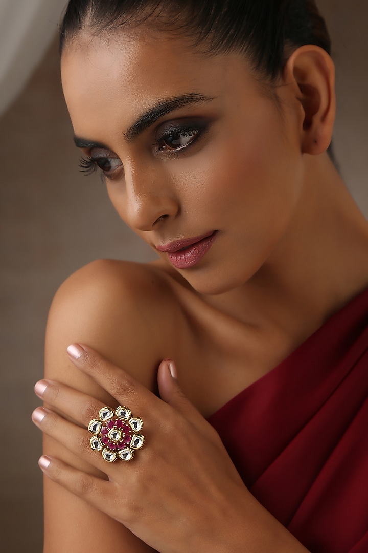 Gold Finish Red Kundan Polki Ring by Swabhimann Jewellery at Pernia's Pop Up Shop