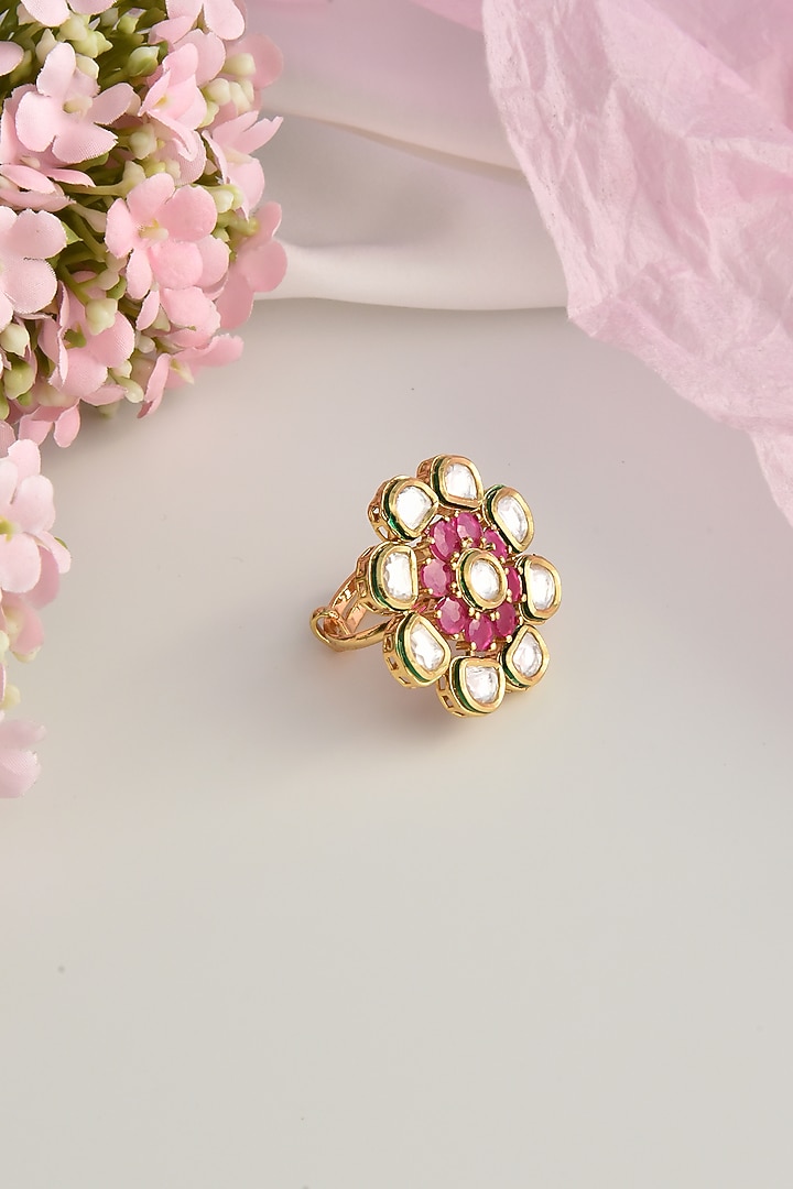 Gold Finish Red Kundan Polki Ring by Swabhimann Jewellery at Pernia's Pop Up Shop