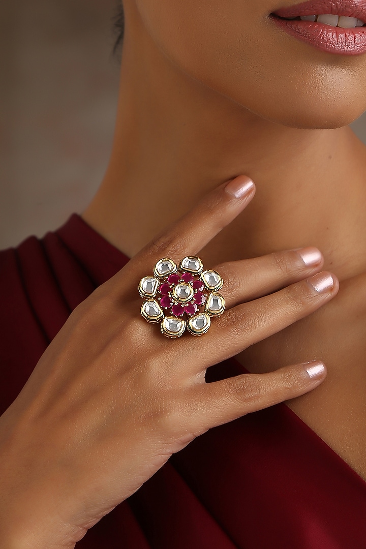 Gold Finish Red Kundan Polki Ring by Swabhimann Jewellery at Pernia's Pop Up Shop
