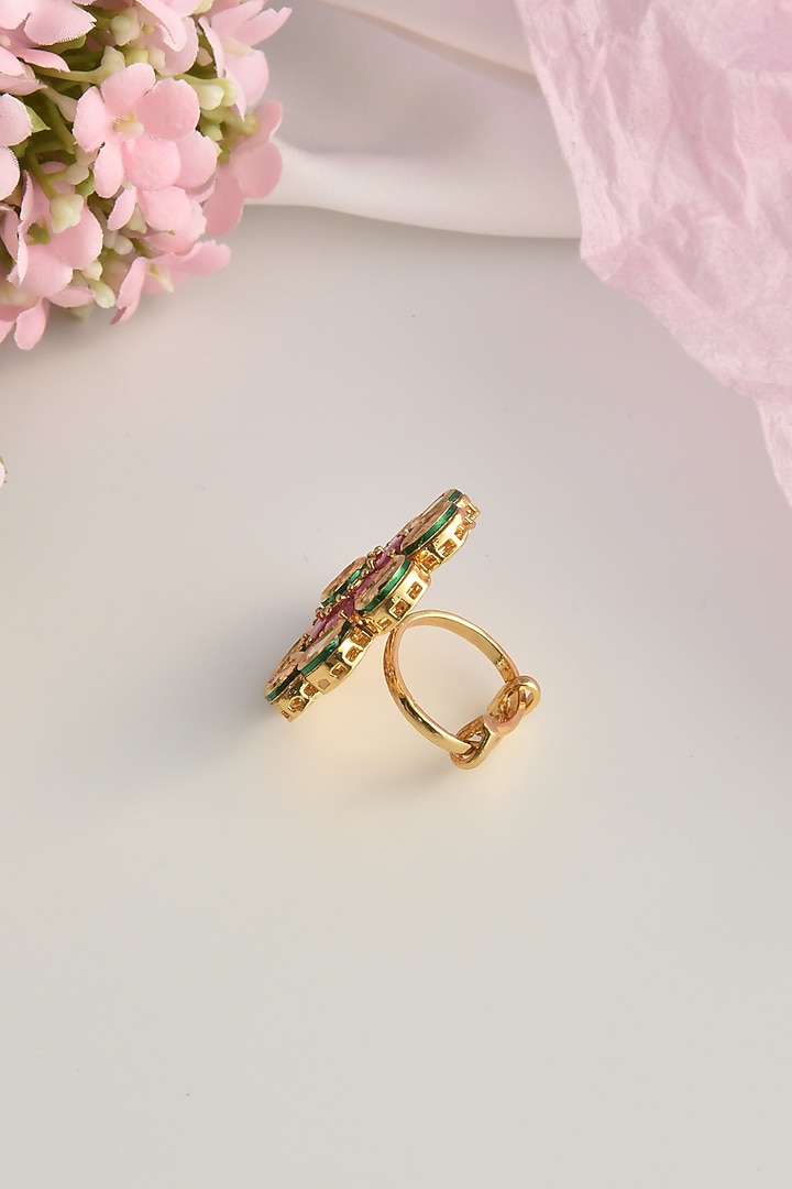 Gold Finish Red Kundan Polki Ring by Swabhimann Jewellery at Pernia's Pop Up Shop