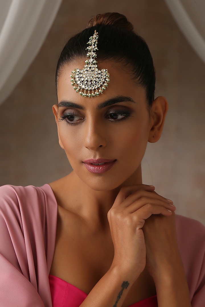 Gold Finish Kundan Polki & Pearl Maangtikka by Swabhimann Jewellery at Pernia's Pop Up Shop