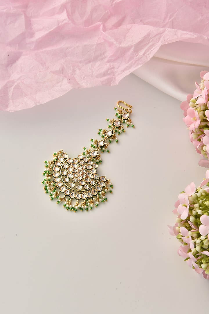 Gold Finish Kundan Polki & Pearl Maangtikka by Swabhimann Jewellery at Pernia's Pop Up Shop
