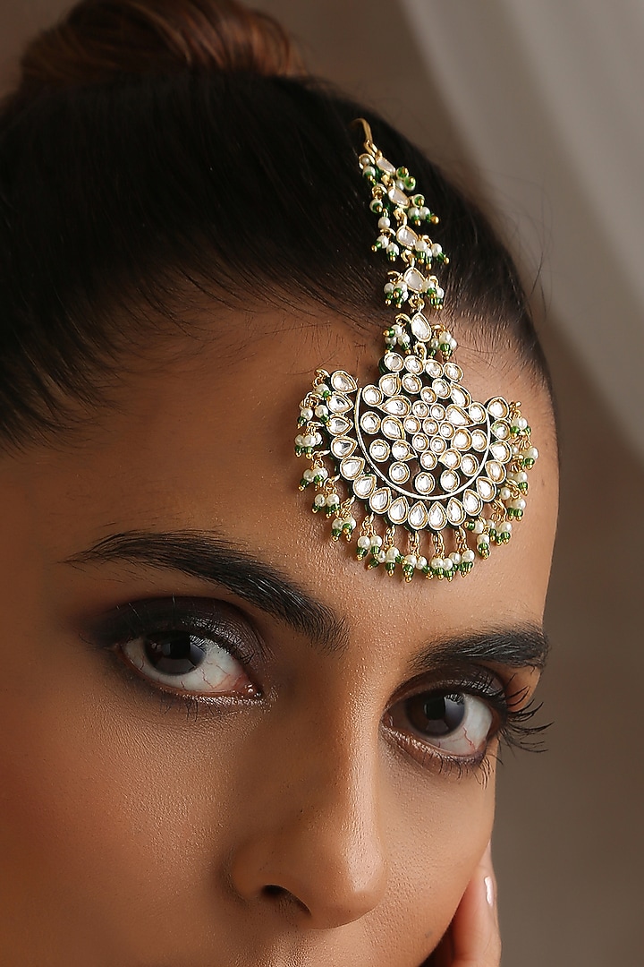 Gold Finish Kundan Polki & Pearl Maangtikka by Swabhimann Jewellery at Pernia's Pop Up Shop