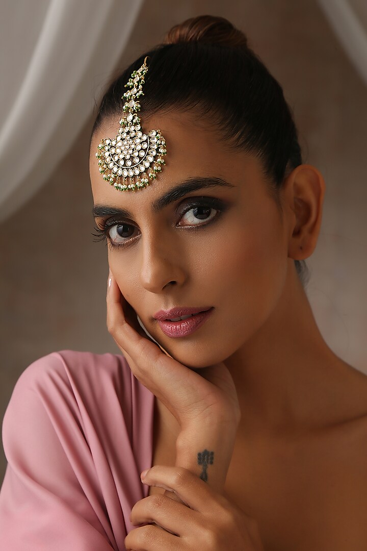 Gold Finish Kundan Polki & Pearl Maangtikka by Swabhimann Jewellery at Pernia's Pop Up Shop