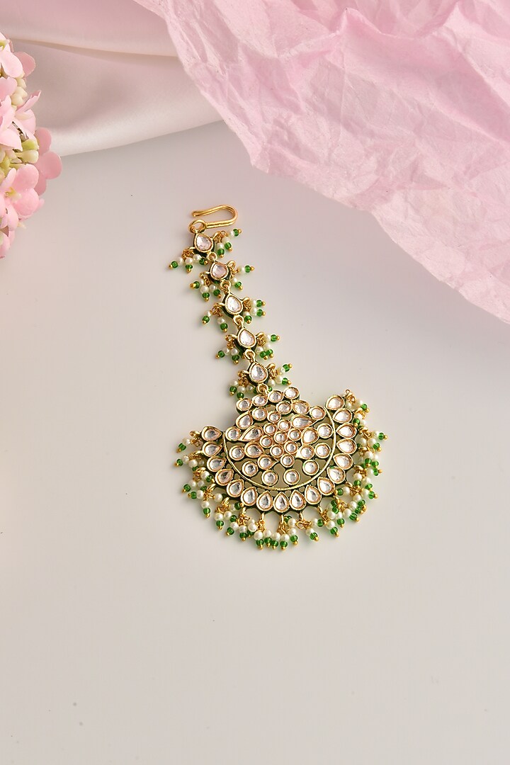 Gold Finish Kundan Polki & Pearl Maangtikka by Swabhimann Jewellery at Pernia's Pop Up Shop