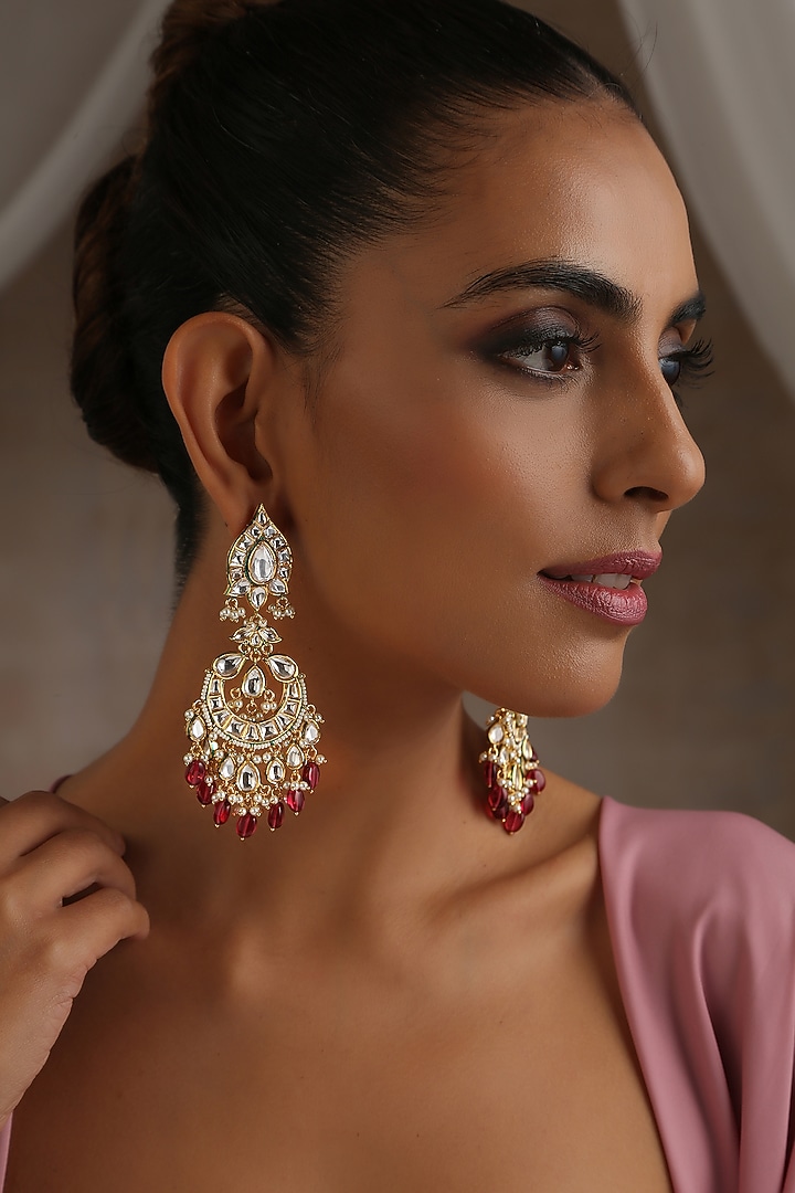 Gold Finish Red Moissanite Polki Chandbali Earrings by Swabhimann Jewellery at Pernia's Pop Up Shop