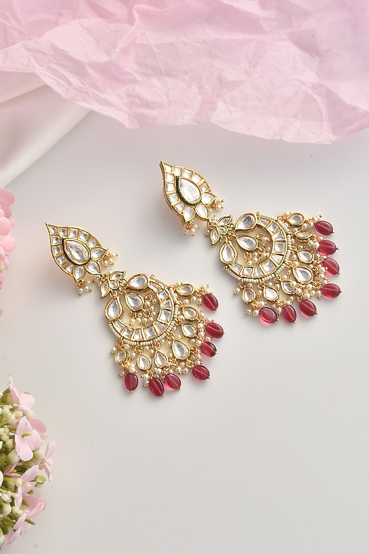 Gold Finish Red Moissanite Polki Chandbali Earrings by Swabhimann Jewellery at Pernia's Pop Up Shop