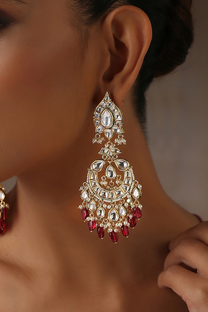 Gold Finish Red Moissanite Polki Chandbali Earrings by Swabhimann Jewellery at Pernia's Pop Up Shop