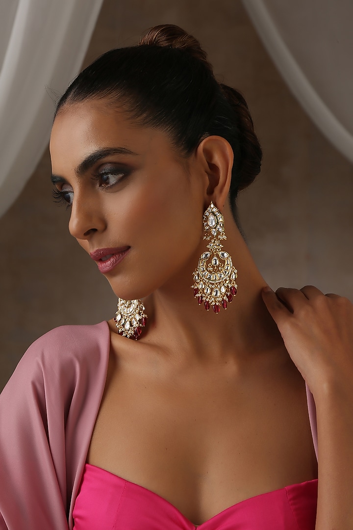 Gold Finish Red Moissanite Polki Chandbali Earrings by Swabhimann Jewellery at Pernia's Pop Up Shop