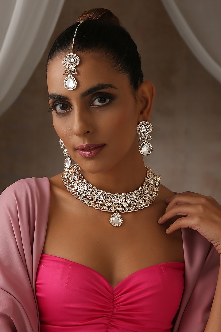 Rose Gold Finish Moissanite Polki Choker Necklace Set by Swabhimann Jewellery at Pernia's Pop Up Shop