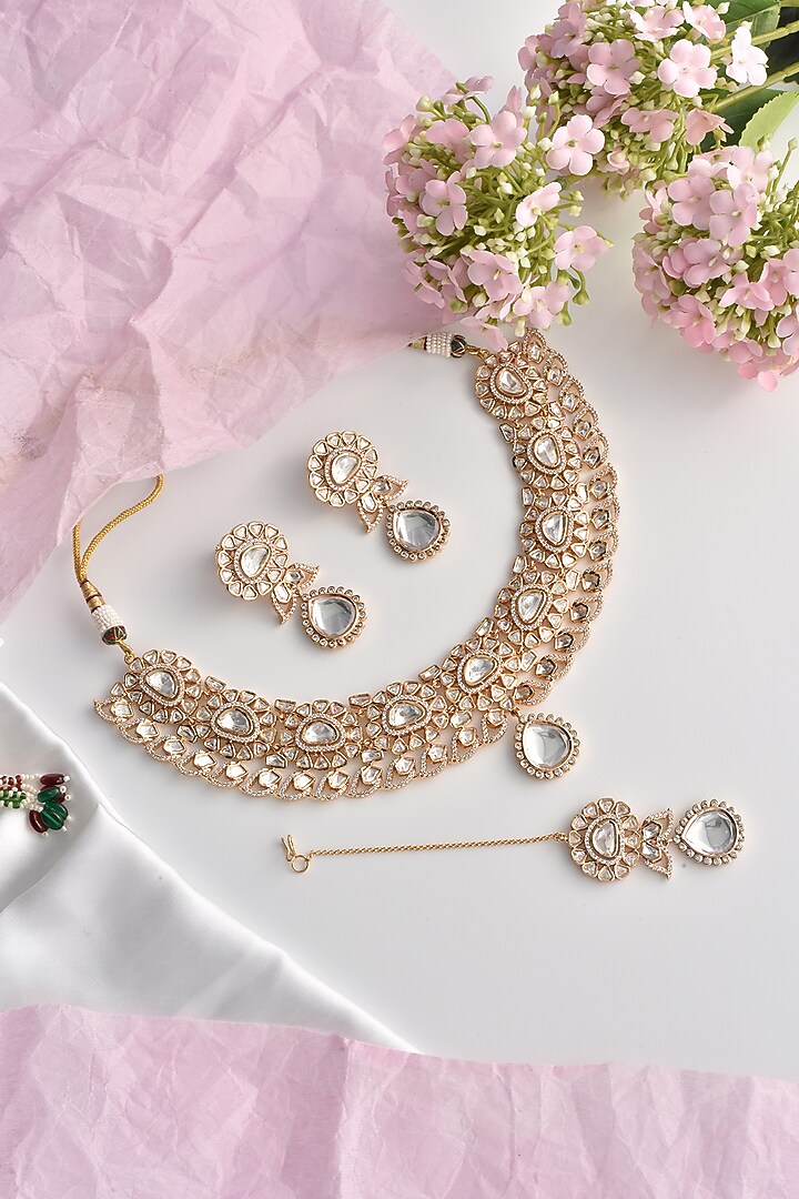 Rose Gold Finish Moissanite Polki Choker Necklace Set by Swabhimann Jewellery at Pernia's Pop Up Shop