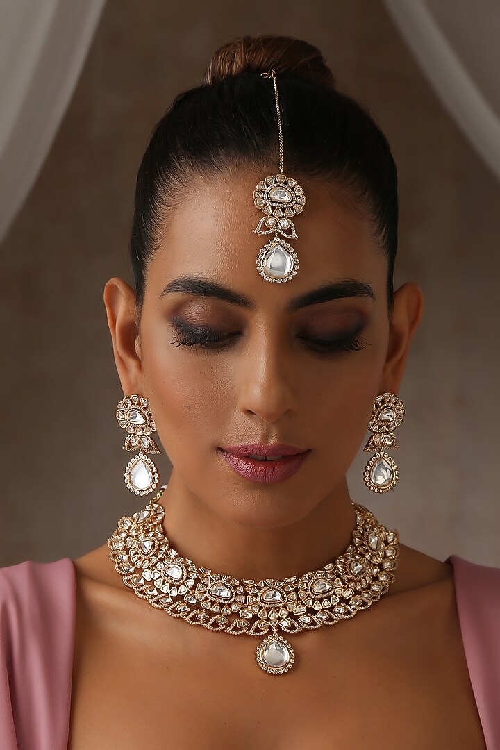 Rose Gold Finish Moissanite Polki Choker Necklace Set by Swabhimann Jewellery at Pernia's Pop Up Shop