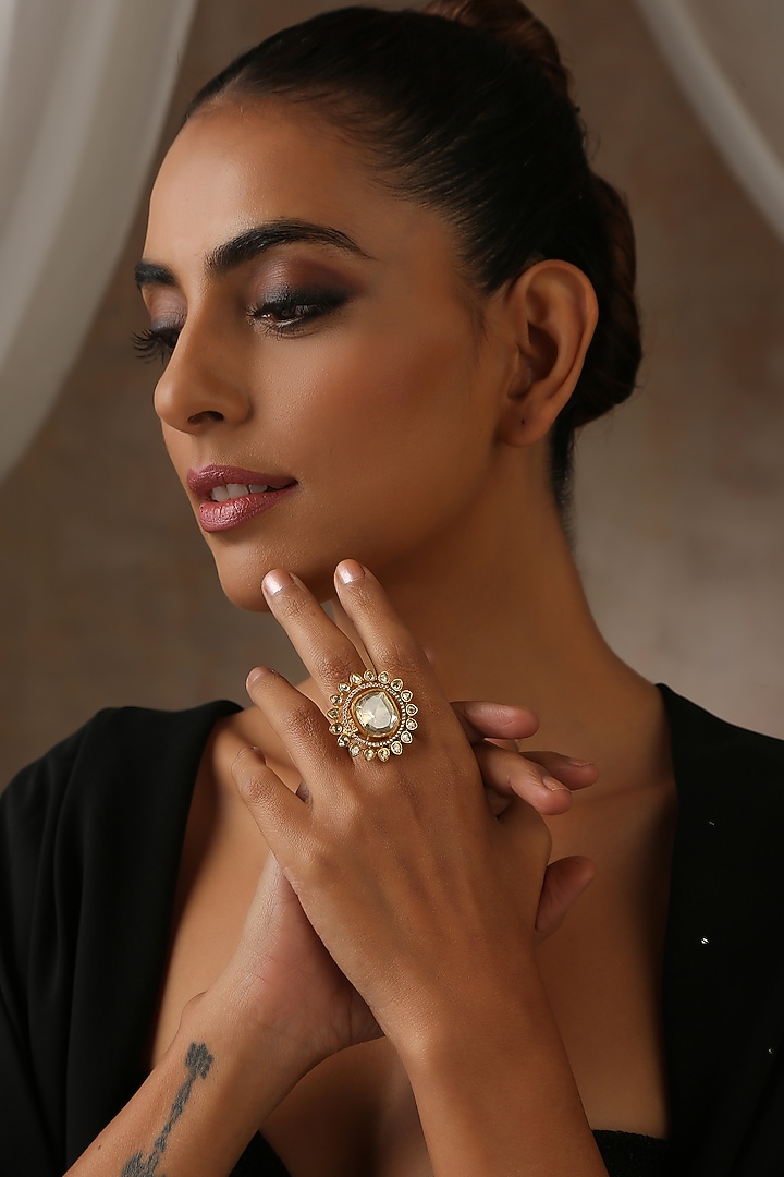 Gold Finish Kundan Polki Ring by Swabhimann Jewellery at Pernia's Pop Up Shop