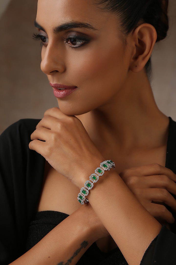 White Finish Emerald & Zircon Kada by Swabhimann Jewellery