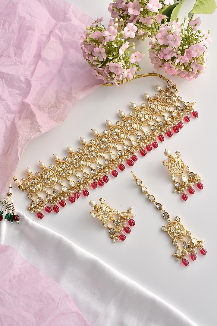 Gold Finish Red Moissanite Polki & Pearl Choker Necklace Set by Swabhimann Jewellery at Pernia's Pop Up Shop