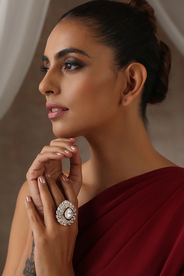 Rose Gold Finish Red Kundan Polki Ring by Swabhimann Jewellery at Pernia's Pop Up Shop