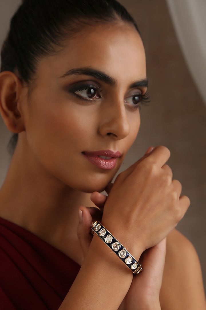 Gold Finish Blue Kundan Polki Bangle by Swabhimann Jewellery at Pernia's Pop Up Shop