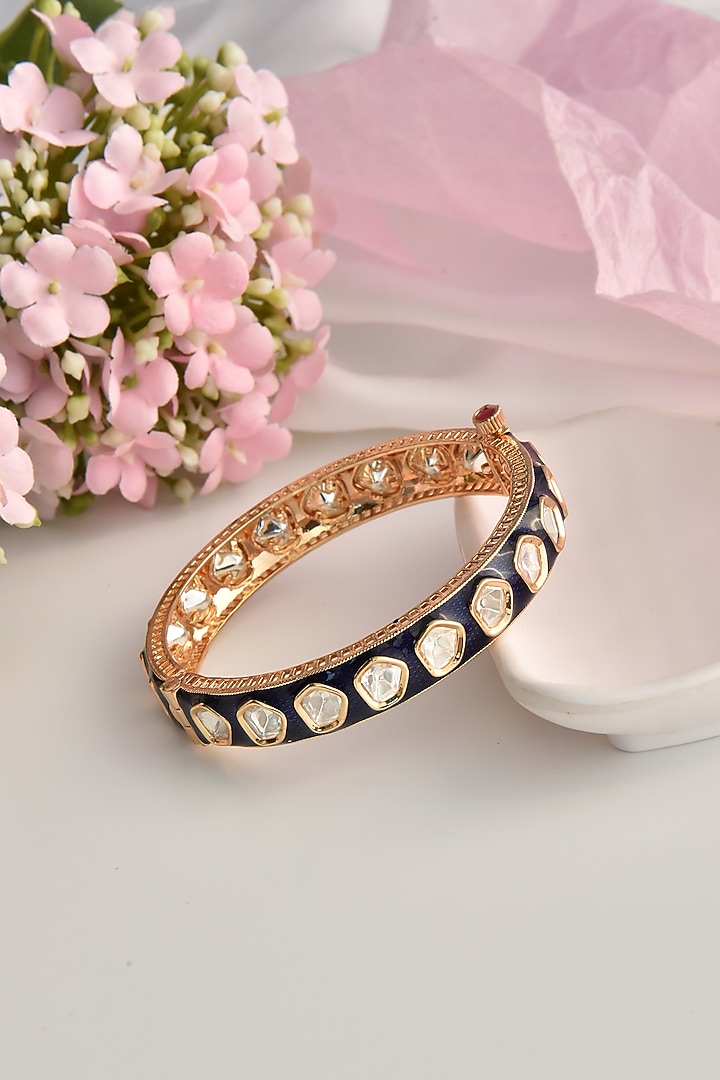 Gold Finish Blue Kundan Polki Bangle by Swabhimann Jewellery at Pernia's Pop Up Shop