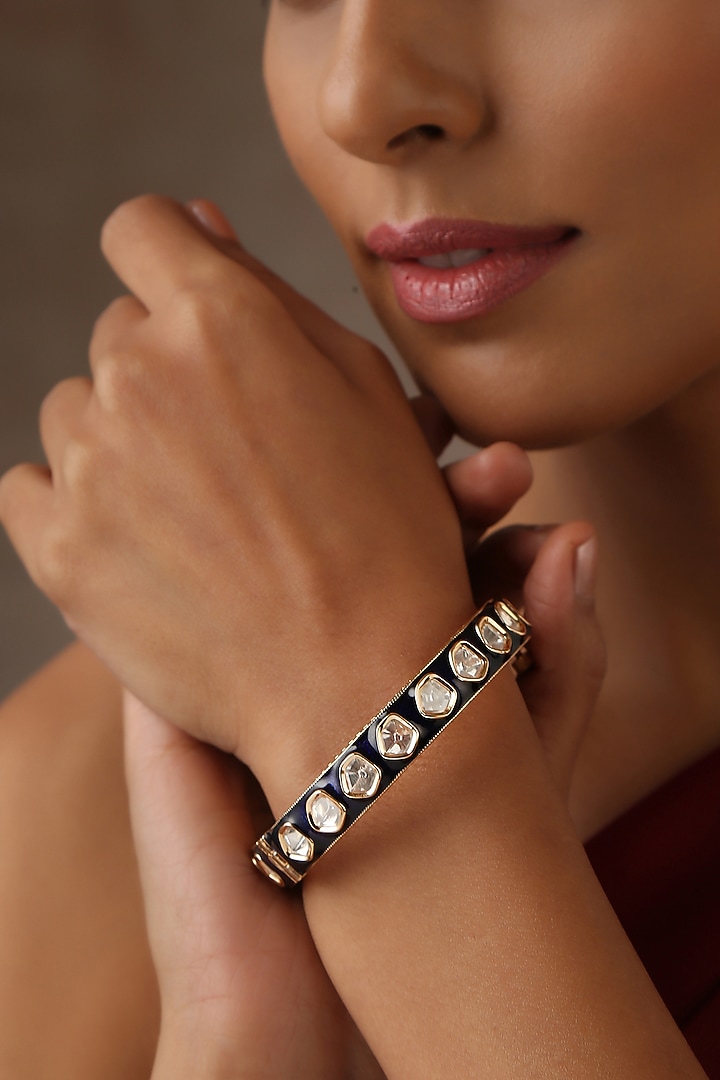 Gold Finish Blue Kundan Polki Bangle by Swabhimann Jewellery at Pernia's Pop Up Shop