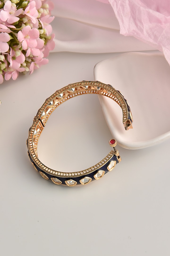 Gold Finish Blue Kundan Polki Bangle by Swabhimann Jewellery at Pernia's Pop Up Shop