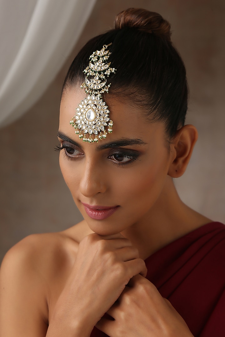 Gold Finish Moissanite Polki Maangtikka by Swabhimann Jewellery at Pernia's Pop Up Shop
