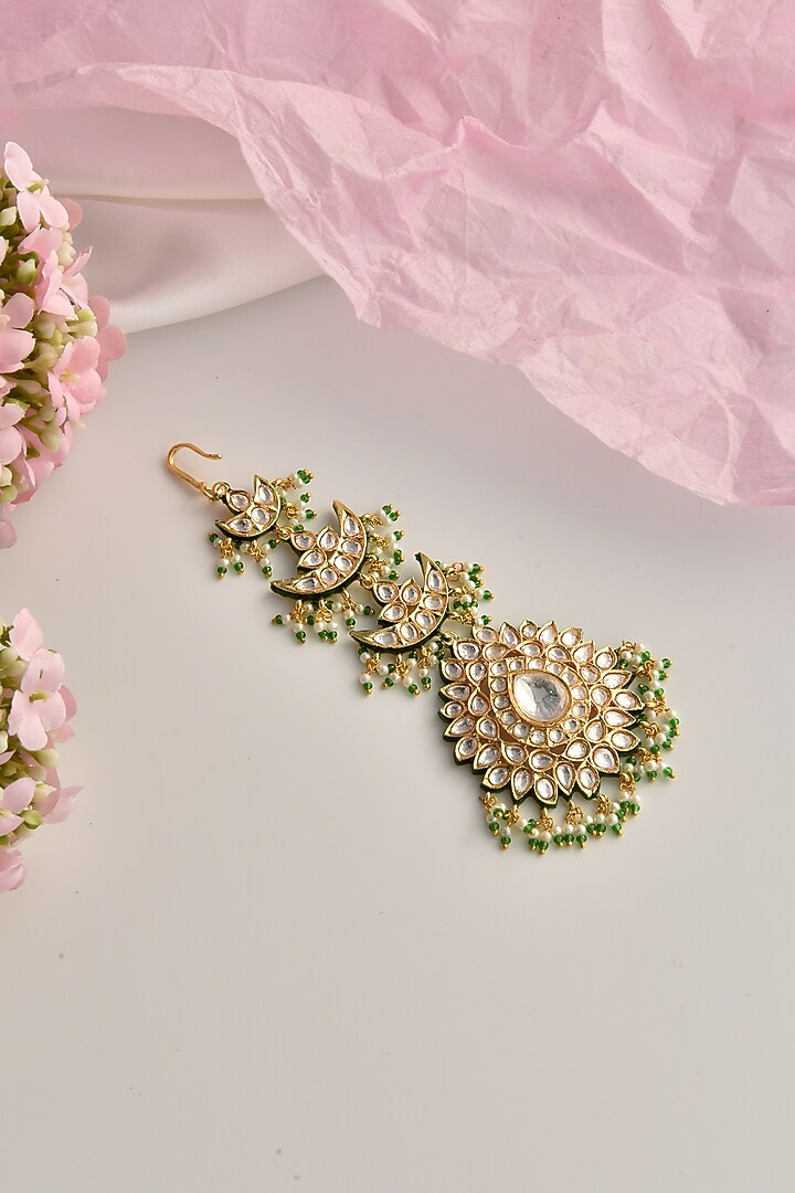 Gold Finish Moissanite Polki Maangtikka by Swabhimann Jewellery at Pernia's Pop Up Shop