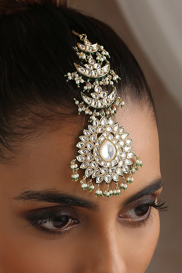 Gold Finish Moissanite Polki Maangtikka by Swabhimann Jewellery at Pernia's Pop Up Shop