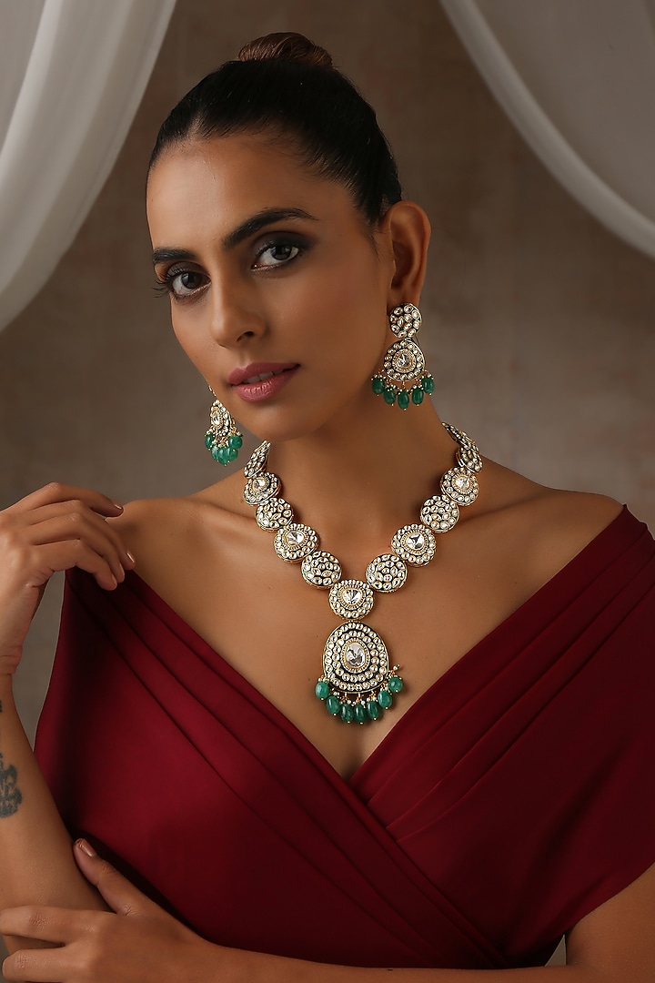 Gold Finish Green Moissanite Polki Long Necklace Set by Swabhimann Jewellery at Pernia's Pop Up Shop