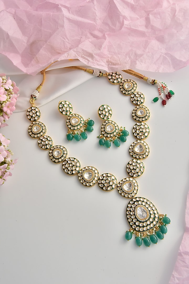 Gold Finish Green Moissanite Polki Long Necklace Set by Swabhimann Jewellery at Pernia's Pop Up Shop