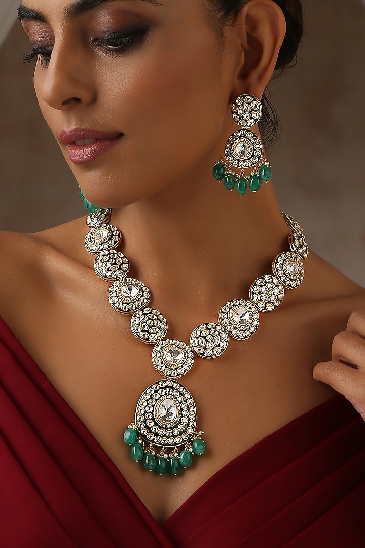 Gold Finish Green Moissanite Polki Long Necklace Set by Swabhimann Jewellery at Pernia's Pop Up Shop