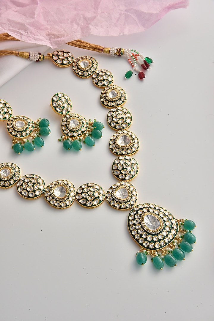 Gold Finish Green Moissanite Polki Long Necklace Set by Swabhimann Jewellery at Pernia's Pop Up Shop