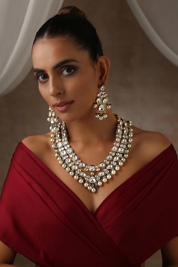 Gold Finish Green Moissanite Polki & Pearl Layered Necklace Set by Swabhimann Jewellery at Pernia's Pop Up Shop