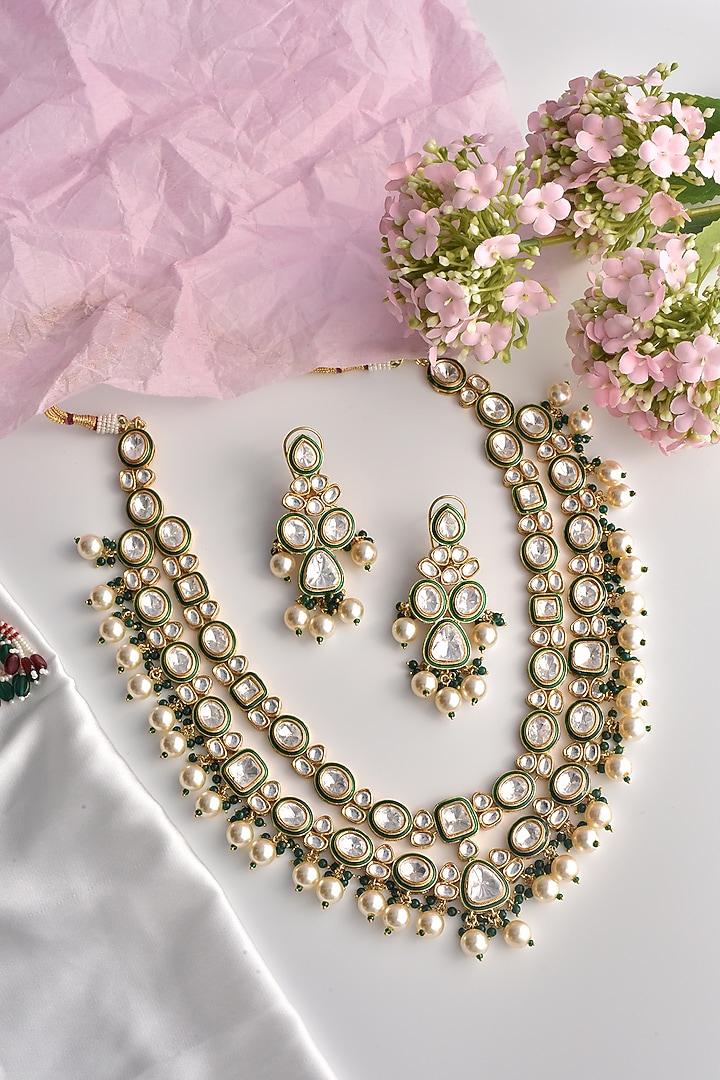 Gold Finish Green Moissanite Polki & Pearl Layered Necklace Set by Swabhimann Jewellery at Pernia's Pop Up Shop