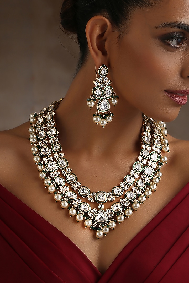 Gold Finish Green Moissanite Polki & Pearl Layered Necklace Set by Swabhimann Jewellery at Pernia's Pop Up Shop
